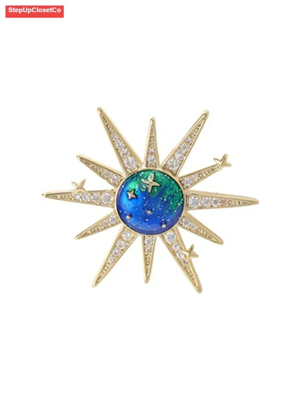 Dainty Sun and Stars Brooch Pin with Cubic Zirconia Crystal